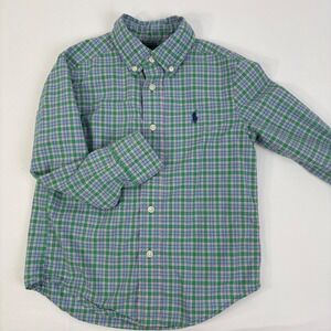 Ralph Lauren Kids Plaid Button Down‎ Shirt Green Blue 4T Cotton